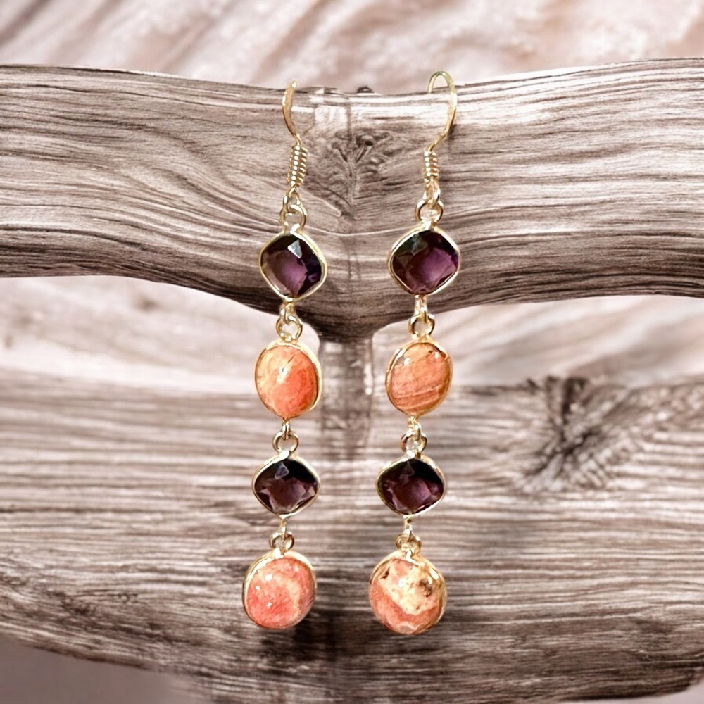 Handmade Amethyst and Rhodochrosite Dangle Earrings S925 Sterling Silver - Picture 2 of 10